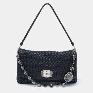 Miu Miu Black Matelassé Leather Crystal Shoulder Bag