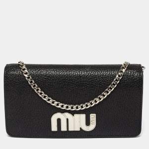 Miu Miu  Black Leather Logo Flap Wallet on Chain
