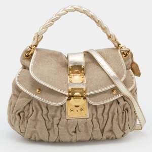 Miu Miu Beige/Gold Canvas and Leather Coffer Hobo