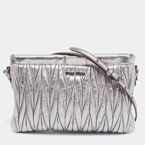 Miu Miu Metallic Silver Matelasse Leather Clutch
