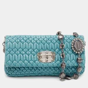 Miu Miu Blue Matelasse Patent Leather Crystal Shoulder Bag