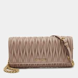 Miu Miu Beige Matelassé Leather Flap Wallet on Chain