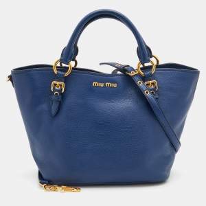 Miu Miu Blue Grained Leather Madras Tote