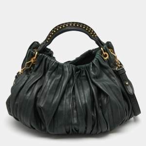 Miu Miu Dark Green Pleated Leather Large Plisse Hobo