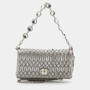 Miu Miu Silver Cloqué Leather Crystal Clutch Bag