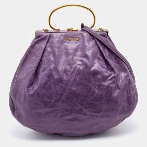 Miu Miu Purple Distressed Leather Metal Frame Satchel