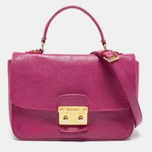Miu Miu Dark Pink Madras Leather Pushlock Flap Top Handle Bag