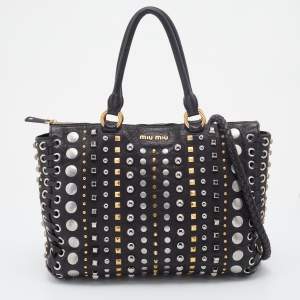 Miu Miu Black Leather Studded Monk Bag
