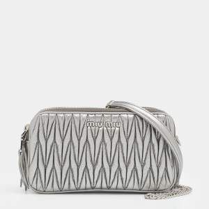 Miu Miu Silver Matelassé Leather Double Zip Crossbody Bag