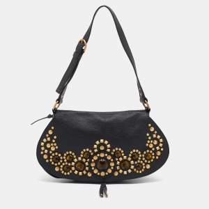 Miu Miu Black Leather Studded Flap Shoulder Bag