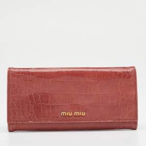 Miu Miu Light Burgundy Croc Embossed Patent Leather Continental Wallet