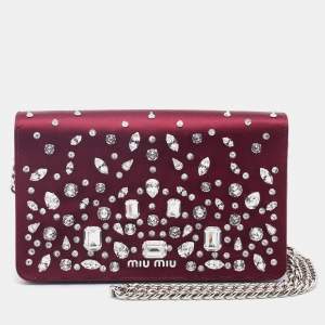 Miu Miu Burgundy Satin Crystal Embellished Chain Shoulder Bag