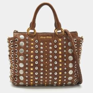 Miu Miu Brown Studded Leather Monk Zip Satchel
