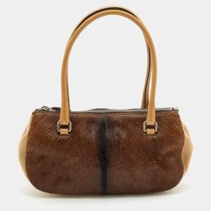 Miu Miu Brown/Beige Fur and Fabric Satchel
