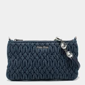 Miu Miu Navy Blue Matelassé Denim Crystal Embellished Crossbody Bag
