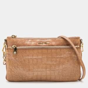 Miu Miu Beige Croc Embossed Patent Leather Crossbody Bag