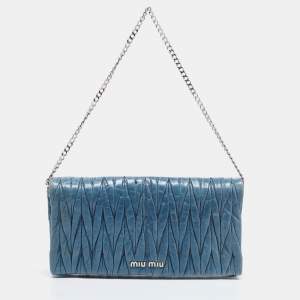 Miu Miu Blue Matelasse Leather Flap Wallet on Chain