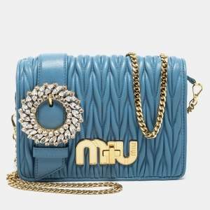 Miu Miu Blue Leather Matelasse Crystal Shoulder Bag