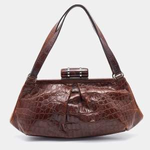 Miu Miu Brown Croc Embossed Leather Frame Shoulder Bag