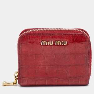 Miu Miu Red Croc Embossed Leather Compact Zip Around Wallet