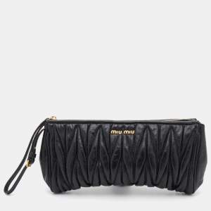 Miu Miu Black Matelassé Leather Top Zip Clutch 