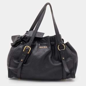 Miu Miu Black Grained Leather Drawstring Tote
