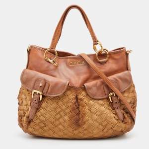 Miu Miu Brown Woven Suede and Leather Satchel