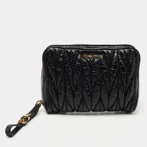Miu Miu Black Matelassé Patent Leather Zip Wristlet Pouch