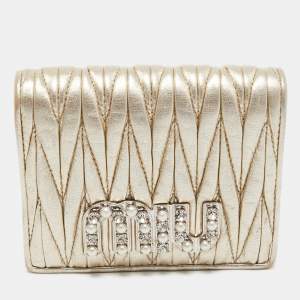 Miu Miu Gold Matelassé Leather Logo Flap Card Case 