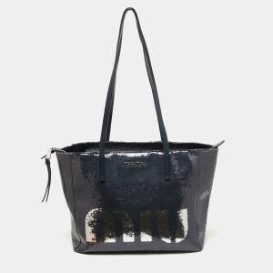 Miu Miu Blue/Silver Sequin Logo Shopper Tote