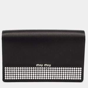 Miu Miu Black Satin Crystals Embellished Flap Clutch Bag
