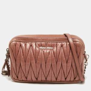 Miu Miu Dusty Pink Matelasse Lux Leather Double Zip Crossbody Bag