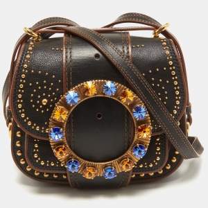 Miu Miu Black Leather Crystal Embellished Dahlia Crossbody Bag
