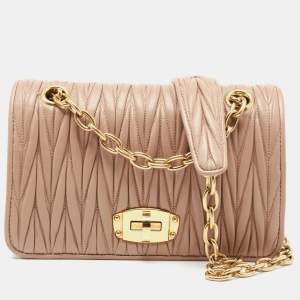 Pre Owned Miu Miu Beige Matelassé Leather Turnlock Flap Shoulder Bag
