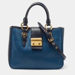Miu Miu Two Tone Blue Madras Leather Pushlock Tote