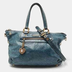 Miu Miu Blue Leather Studded Heart Charm Top Handle Bag