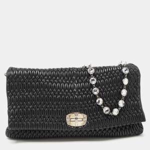 Miu Miu Black Matelassé Leather Crystal Flap Shoulder Bag