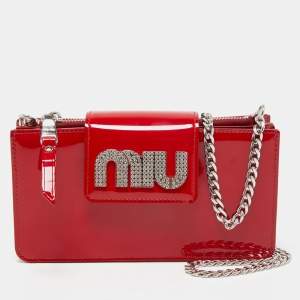 Miu Miu Red Patent Leather Logo Crystals Flap Wallet on Chain