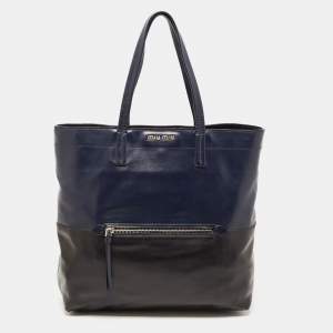 Miu Miu Blue/Black Vitello Soft Leather Shopper Tote
