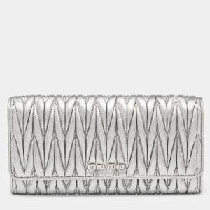 Miu Miu Silver Matelassé Leather Logo Flap Continental Wallet