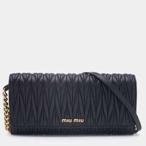 Miu Miu Black Matelassé Leather Flap Wallet on Chain