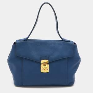 Miu Miu Blue Grained Leather Pushlock Top Handle Bag