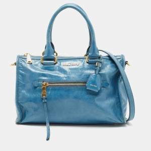 Miu Miu Blue Glazed Leather Front Zip Tote