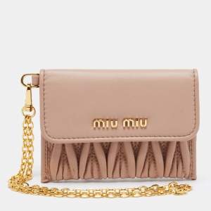 Miu Miu Light Pink Matelasse Leather Flap Card Case with Chain