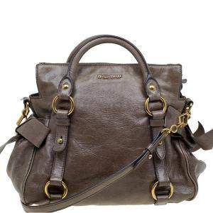 Miu Miu Dark Grey Vitello Lux Leather Bow Top Handle Bag
