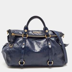 Miu Miu Dark Blue Vitello Lux Leather Bow Satchel