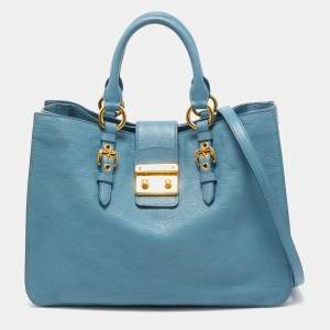 Miu Miu Light Blue Madras Leather Pushlock Tote
