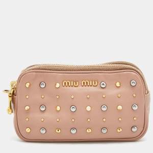 Miu Miu Pink Leather Studded Double Zip Pouch 