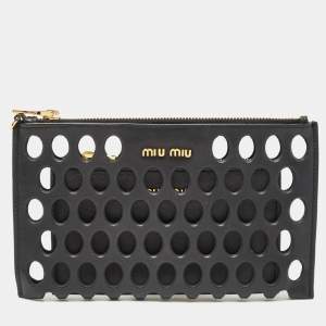 Miu Miu Black Laser Cut Leather Zip Pouch