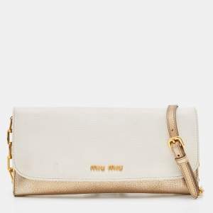 Miu Miu White/Gold Leather Flap Wallet On Chain